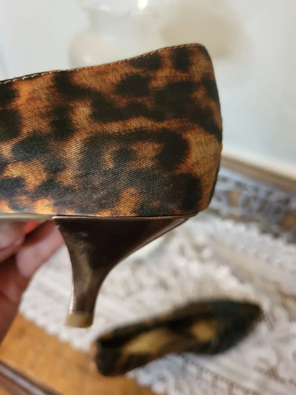 Kathy Van Zealand Leopard Bronze Metallic Pump Pointed Toe Heel 7.5 80s Party